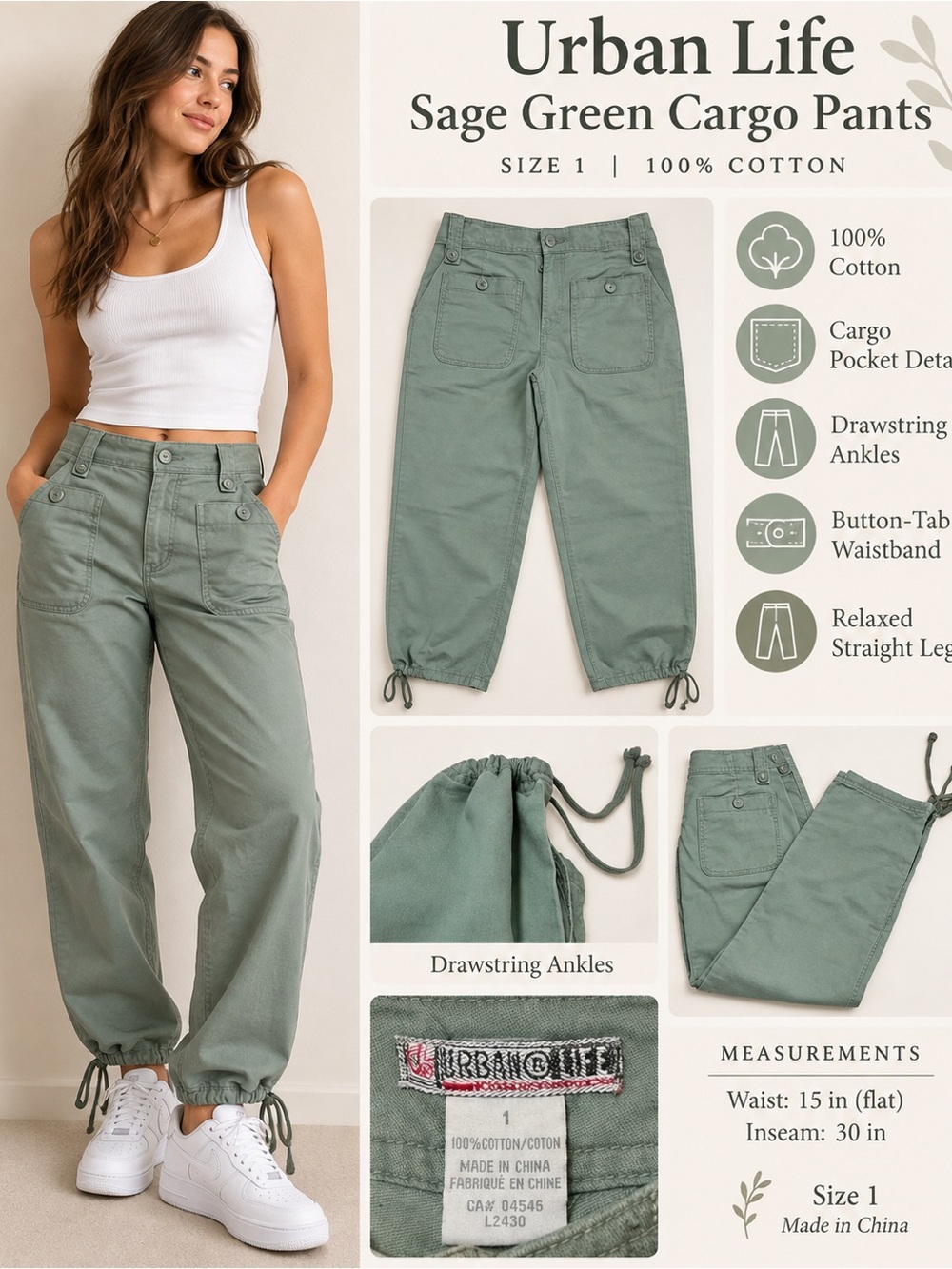 Sage Green Cargo Jeans for Women
